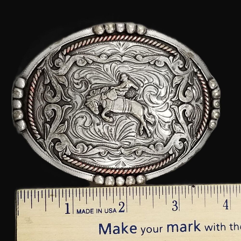 Bronco Rider Western Belt Buckle, Engraved Scroll Rodeo Design - Picture 9 of 10